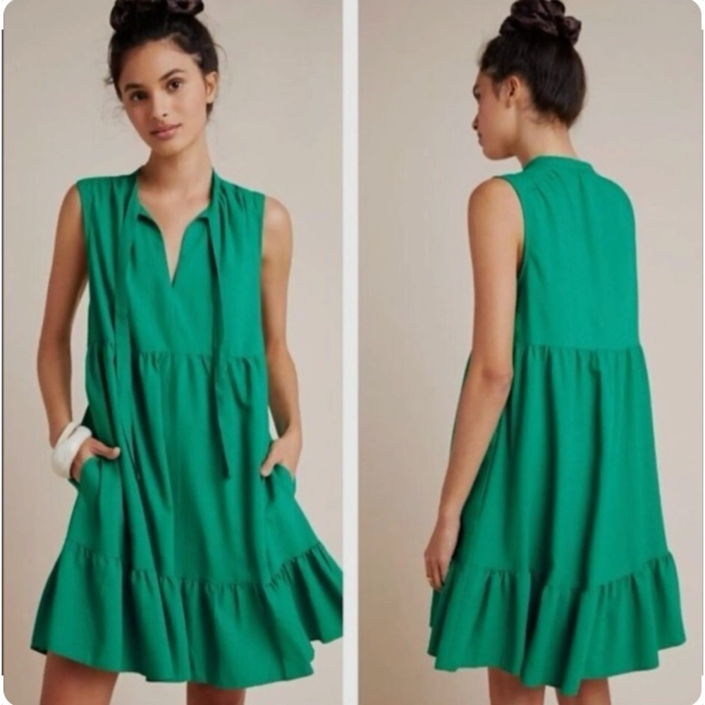 Maeve Anthropologie Emerald Green Tiered Shift Dress Size Small